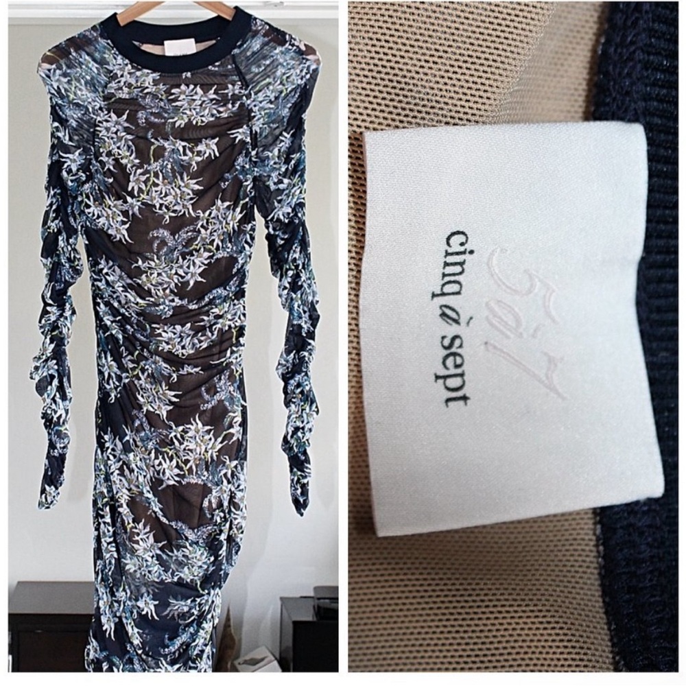 Cinq à Sept🥰 Sheath Dress with Bishop Sleeves double layer mesh blue and black